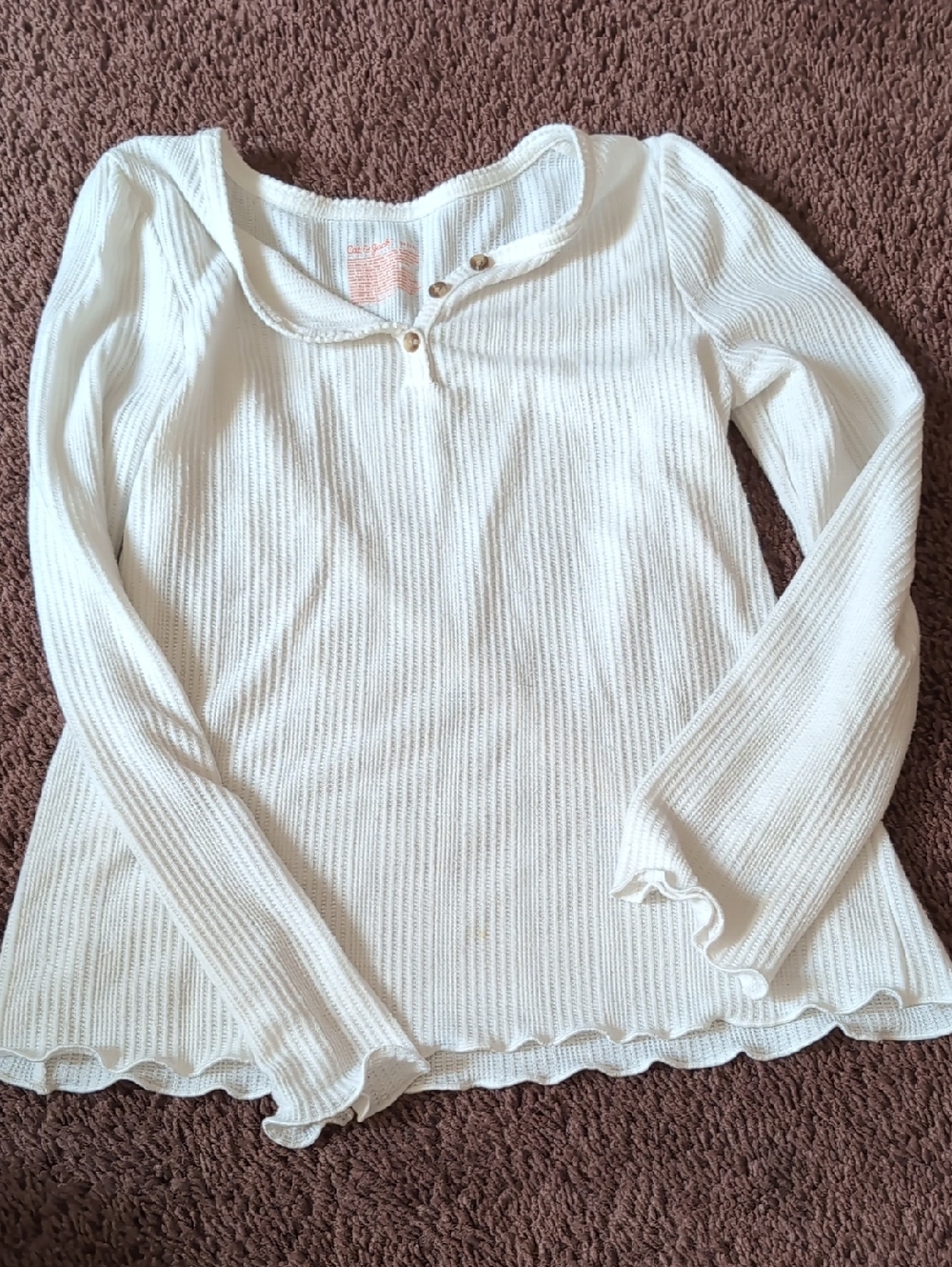 Cat & Jack White Ribbed Long-Sleeve Henley Top with Lettuce Trim